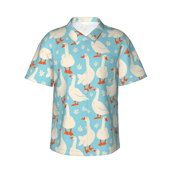Daiia White Geese and Flower Hawaiian Shirt for Men Gentle Cotton Regular Short Sleeve Casual-X-Large