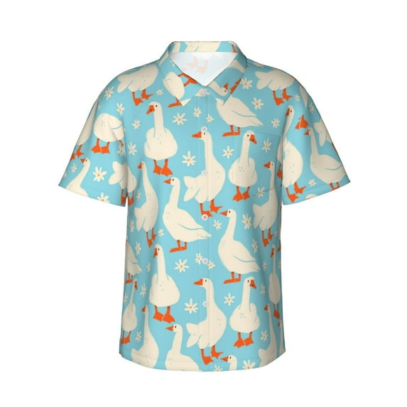 Daiia White Geese and Flower Hawaiian Shirt for Men Gentle Cotton Regular Short Sleeve Casual-XX-Large