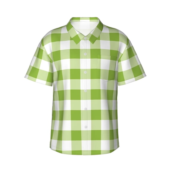 Daiia White Green Plaid Hawaiian Shirt for Men Gentle Cotton Regular Short Sleeve Casual-Medium