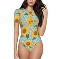 thumbnail image 1 of Daiia White Polka Dot Sunflower print Women's Crew Neck Short Sleeve Bodysuit Fashion Tops Fit Casual Basic Extender Bodysuit-Medium, 1 of 9