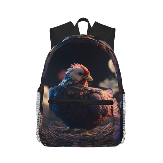 Daiia White Purple Flower Chicken School Backpack for Men Women, Unisex Large Waterproof Bookbag Schoolbag Casual Daypack for High School/College/Teens/Travel/Work Black