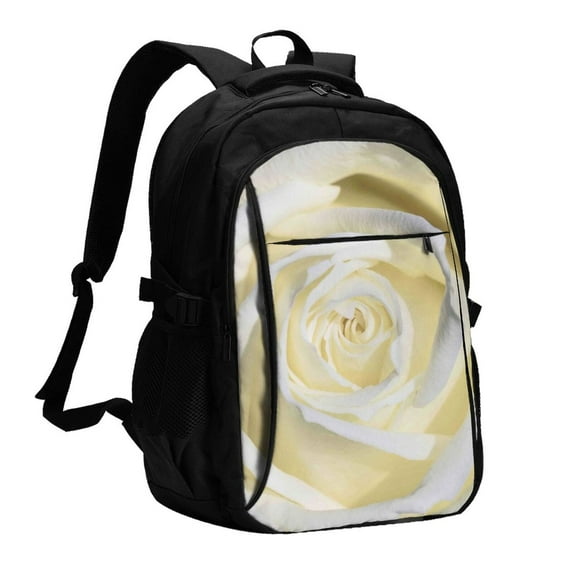 Daiia White Rose Pattern USB Charging Backpack for Men and Women, Anti-Theft Backpack,Travel Backpack,School Backpack,College Backpack,Laptop Backpack