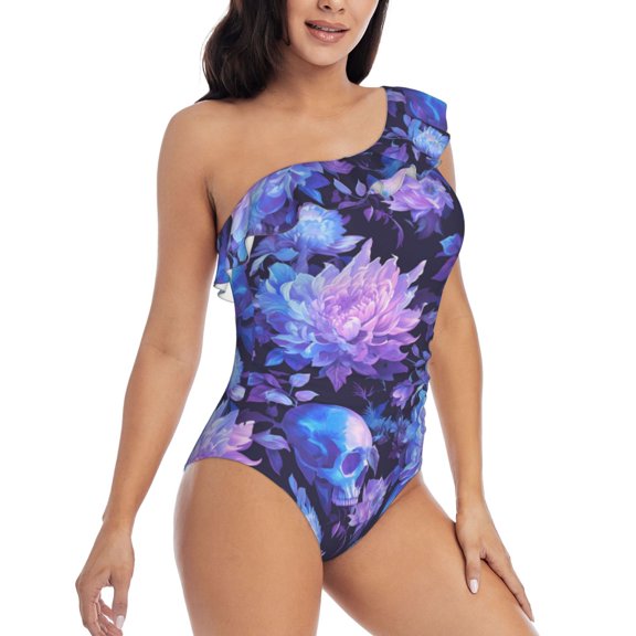 Daiia White Skull Flower Women's One Piece Swimsuits Personalized One Shoulder Swimwear Asymmetric Ruffle Bathing Suits-X-Large