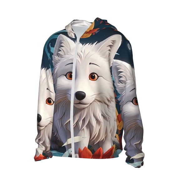 Daiia White Wolf With Flowers UPF 50+ Sun Protection Hoodie Jacket Lightweight Long Sleeve Sun Shirt for Women Men with Pocket Hiking Outdoor-Small