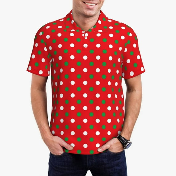 Daiia White and Green Polka Dot Pattern Men’s Polo Shirts,Solid Deck Shirt,Classic Fit, Breathable Cotton Polo for Casual and Sport Wear-Large