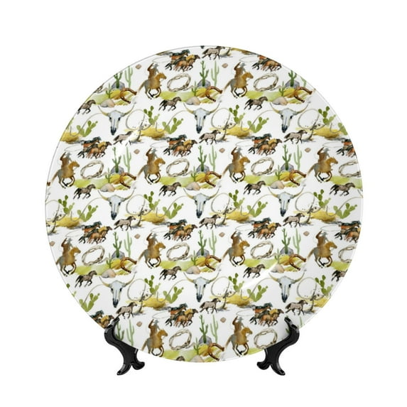 Daiia Wild West Western Printed Pattern Ceramic Plate Dinner Plates Bone China Decorative Plates with Display Stand Art Ceramic Ornaments for Wall Hanging Decoration-6in