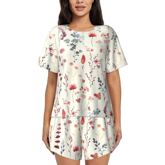 Daiia Wildflower Watercolor 3 Pattern Womens Pajama Sets Short Sleeve Pajamas for Women Sets Soft Lounge Sets Casual Round Neck Sleepwear PJS-Large