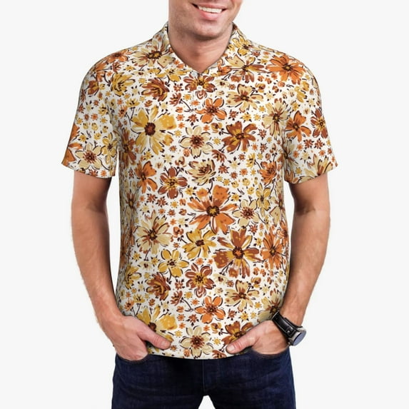 Daiia Wildflowers Vintage Pattern Men’s Polo Shirts,Solid Deck Shirt,Classic Fit, Breathable Cotton Polo for Casual and Sport Wear-Medium