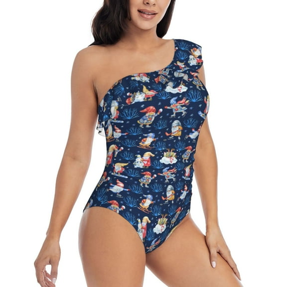 Daiia Winter old man Playtime Women's One Piece Swimsuits Personalized One Shoulder Swimwear Asymmetric Ruffle Bathing Suits-XX-Large