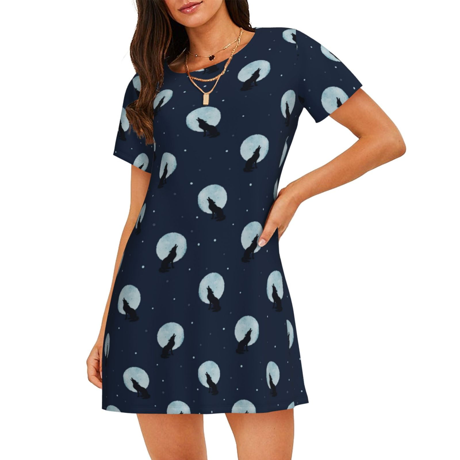 Women's Geometric Wolf Print Nightshirt - Long Sleeve Loungewear & Sleep Dress - View #2