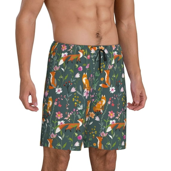Daiia Wolf Fox In Flower Forest Mens Woven Stretch Pajama Short,Short Pajama Pants-Large