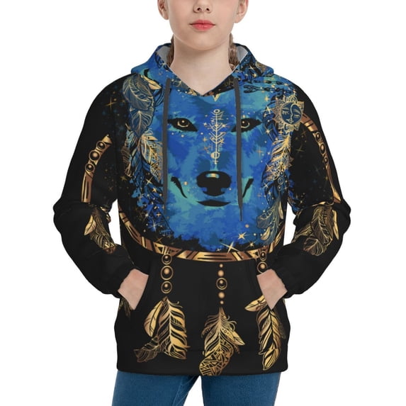 Daiia Wolf Head And Dreamcatcher for Boys Fashion Hoodies & Sweatshirts with Kangaroo Pocket,Hooded Sweatshirt for Kid, Breathable& Moisture Wicking-X-Large