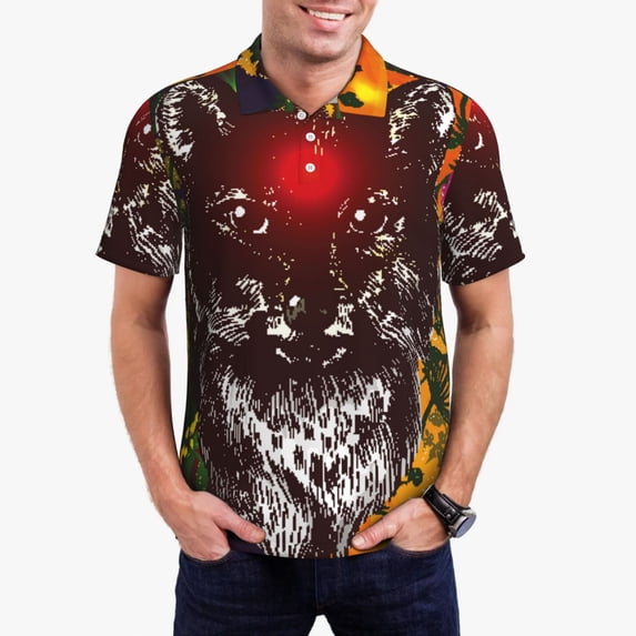 Daiia Wolf With Wildflowers Pattern Men’s Polo Shirts,Solid Deck Shirt,Classic Fit, Breathable Cotton Polo for Casual and Sport Wear-4X-Large