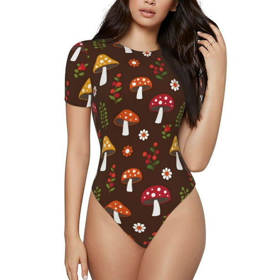 Daiia Woodland Mushroom Women'S Crew Neck Short Sleeve Slim Fit T Shirts Tops Basic Bodysuit Leotard Clothing-Xx-Large