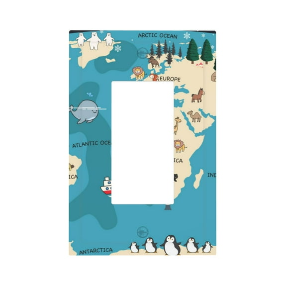 Daiia World Map With Animal Pattern Decorator Wall Plate Child Safe Outlet Cover, Switch and Outlet Covers,Size 1-Gang 5.0" x3.0" , Polycarbonate Thermoplastic-Style U