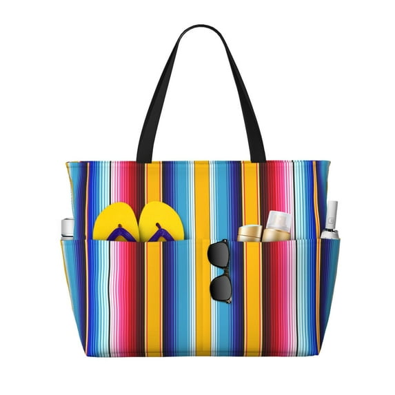 Daiia Yellow Blue Mexican Blanket Stripes Pattern Beach Travel Bag - Water-Resistant Beach Bag, Lightweight Tote with 7 Pockets for Women and Men - Gym,Pool,Camping,Reusable Grocery Bag