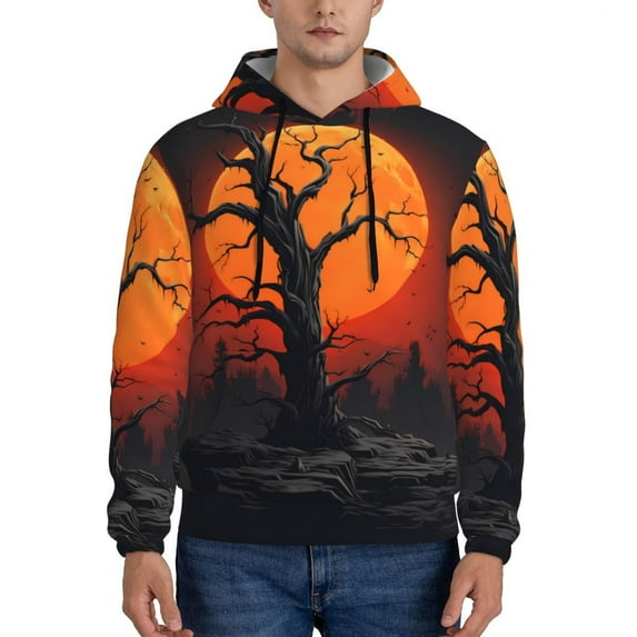 Daiia Yellow Castle Sunset Tree for Men's Fashion Hoodies & Sweatshirts with Kangaroo Pocket Hooded Sweatshirt Breathable & Moisture Wicking-3X-Large