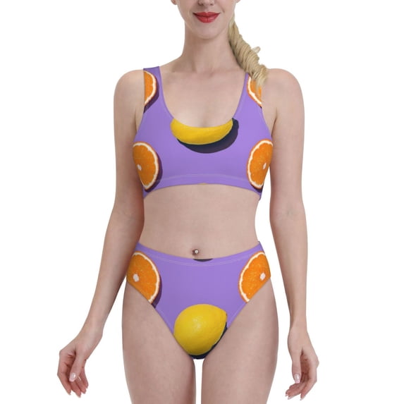 Daiia Yellow Lemon And Orange printed 2 piece Swimsuit Bikinis for Women High Waisted Racerback Bathing Suits Summer Tummy Control Scoop Neck Swimwear-Medium