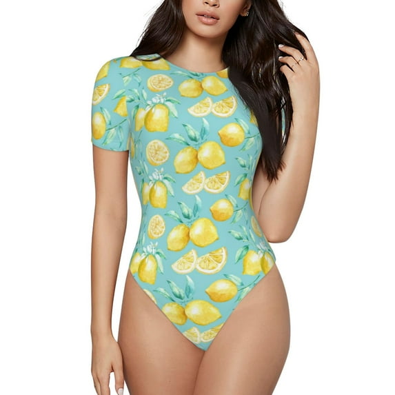 Daiia Yellow Lemon Women'S Crew Neck Short Sleeve Slim Fit T Shirts Tops Basic Bodysuit Leotard Clothing-Large