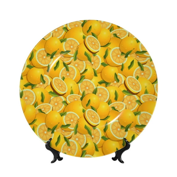 Daiia Yellow Limes Printed Pattern Ceramic Plate Dinner Plates Bone China Decorative Plates with Display Stand Art Ceramic Ornaments for Wall Hanging Decoration-8in