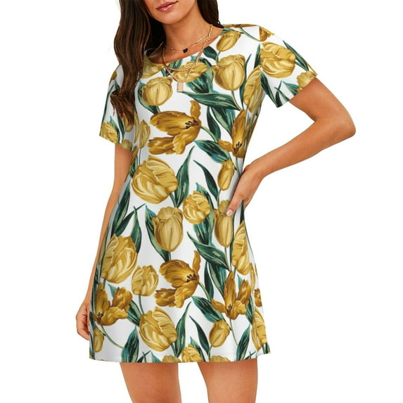 Daiia Yellow Tulips Print Women's Nightshirt Soft Nightgowns for Women Short Sleeve dress Short-sleeved Sleepwear