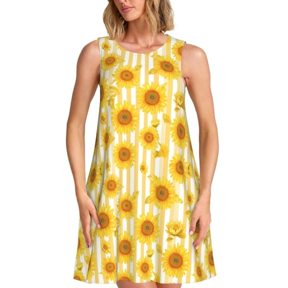 Daiia Yellow White Striped Sunflower Print Women's Dresses 2025 Trendy Short sleeve Dresses Casual Baggy Flowy Maxi Sun Dresses