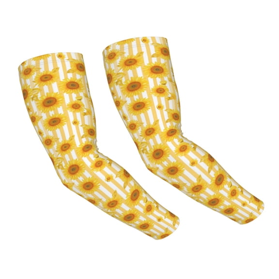 Daiia Yellow White Striped Sunflower UV Sun Protection Arm Sleeves - Cooling Compression Arm Sleeve - Sports & UV Arm Sleeves for Men & Women