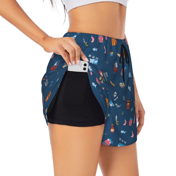 Daiia aniamls Pirate Pattern Women's 2 in 1 Running Shorts - Lightweight Athletic Workout Gym Yoga Shorts Liner with Phone Pockets-Large