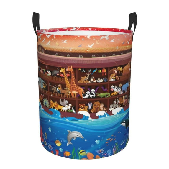 Daiia Animals On Noah's Ark2 Round Laundry Basket with Handles Thickened Waterproof Circular hamper,Dirty Clothes Storage Basket for Bedroom,Bathroom,College Dorm-Small