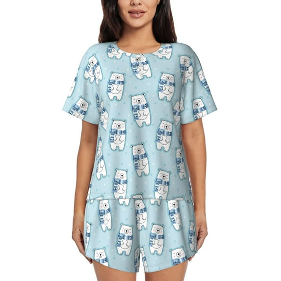 Daiia blue Scarf Bear Pattern Womens Pajama Sets Short Sleeve Pajamas for Women Sets Soft Lounge Sets Casual Round Neck Sleepwear PJS-Large