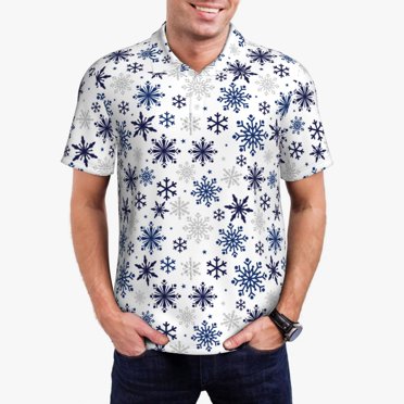 Daiia blue Snowflake Prints Pattern Men’s Polo Shirts,Solid Deck Shirt,Classic Fit, Breathable Cotton Polo for Casual and Sport Wear-X-Large