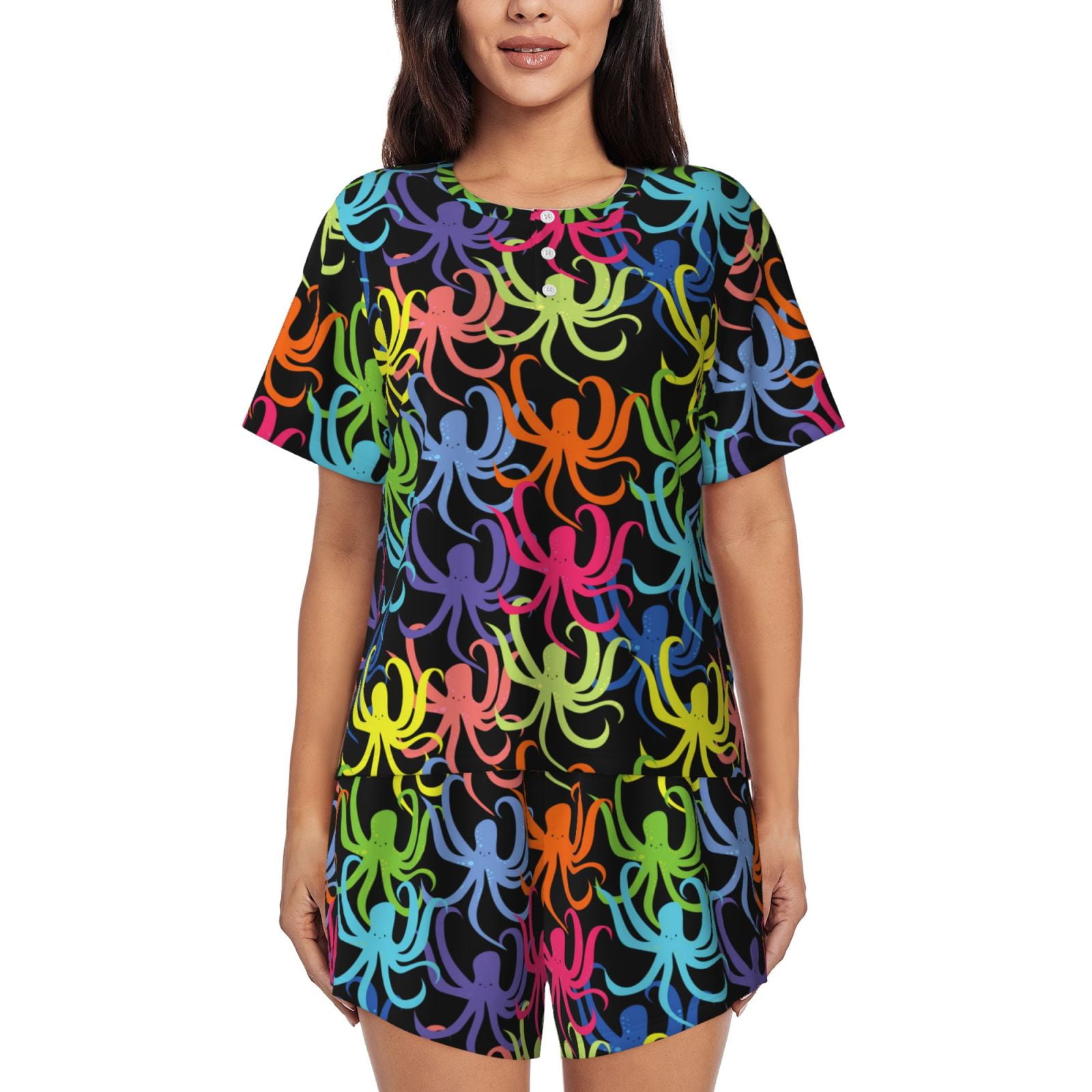 Women's Colorful Octopus Pajama Set - Short Sleeve Sleepwear & Lounge Set (S-XXL)