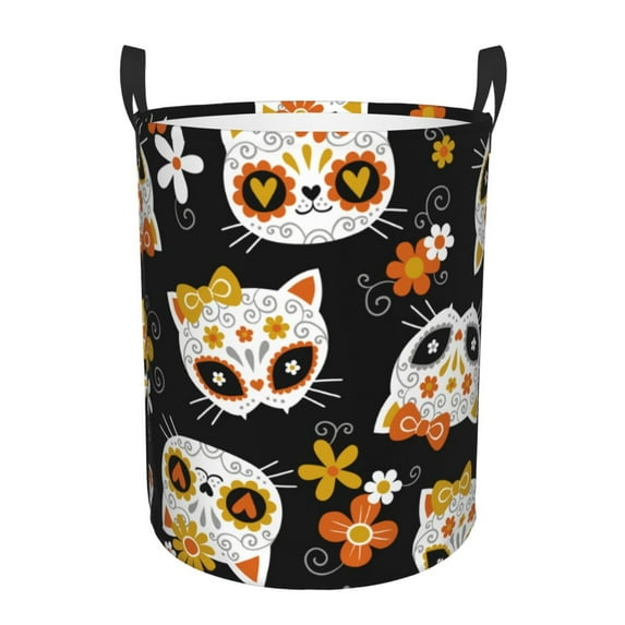 Daiia cat Skulls And Flowers Laundry Hamper With Handles Large Storage Basket/Toy Organizer/Dirty Clothes Collapsible Waterproof For College Dorms, Bedroom,Bathroom