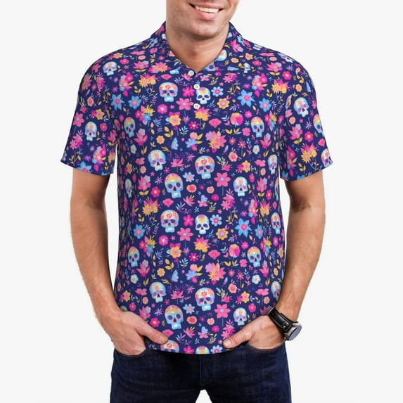 Daiia colorful Skull butterfly flower1 Pattern Men’s Polo Shirts,Solid Deck Shirt,Classic Fit, Breathable Cotton Polo for Casual and Sport Wear-Medium