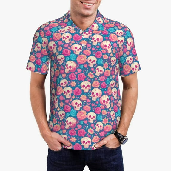 Daiia colorful Skull flower Pattern Men’s Polo Shirts,Solid Deck Shirt,Classic Fit, Breathable Cotton Polo for Casual and Sport Wear-Medium