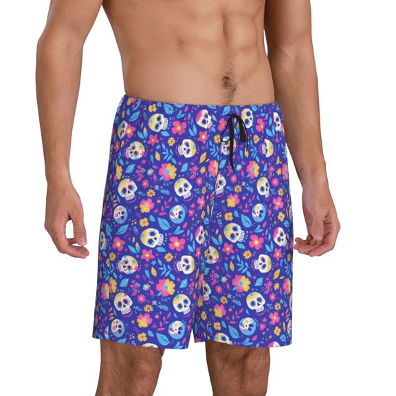 Daiia colorful Skull flower leaf Mens Woven Stretch Pajama Short,Short Pajama Pants-Large
