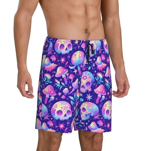Daiia colorful mushroom Skull rainbow Mens Woven Stretch Pajama Short,Short Pajama Pants-Small