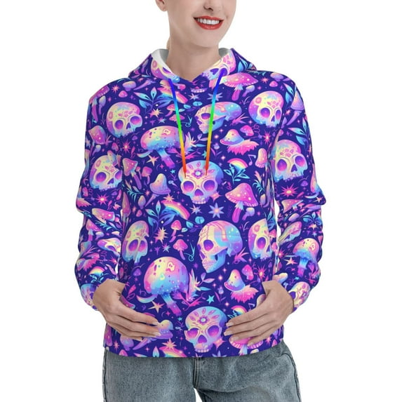 Daiia colorful mushroom Skull rainbow Pattern Women's Fashion Hoodies & Sweatshirts with Kangaroo Pocket Hooded Sweatshirt with Eye-catching Drawstrings-Large