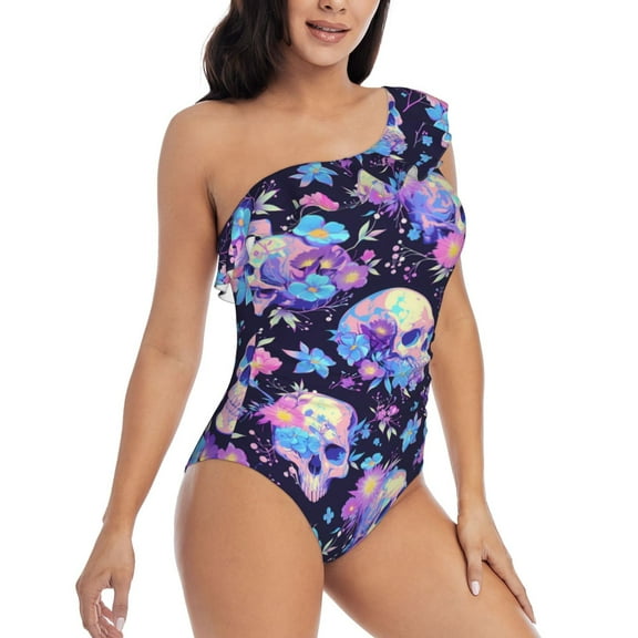 Daiia cool flower Skull Women's One Piece Swimsuits Personalized One Shoulder Swimwear Asymmetric Ruffle Bathing Suits-XX-Large