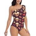 thumbnail image 1 of Daiia cool rock Skull record Women's One Piece Swimsuits Personalized One Shoulder Swimwear Asymmetric Ruffle Bathing Suits-Small, 1 of 8