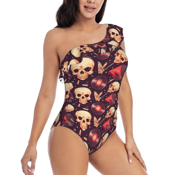 Daiia cool rock Skull record Women's One Piece Swimsuits Personalized One Shoulder Swimwear Asymmetric Ruffle Bathing Suits-Small
