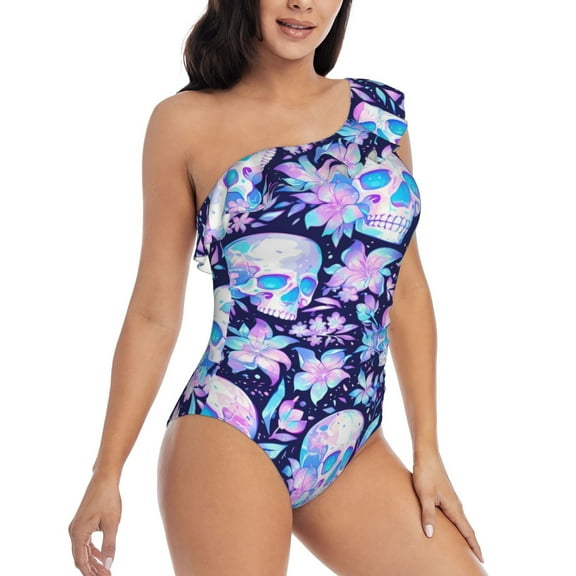 Daiia crystal Skull flower leaf Women's One Piece Swimsuits Personalized One Shoulder Swimwear Asymmetric Ruffle Bathing Suits-Large