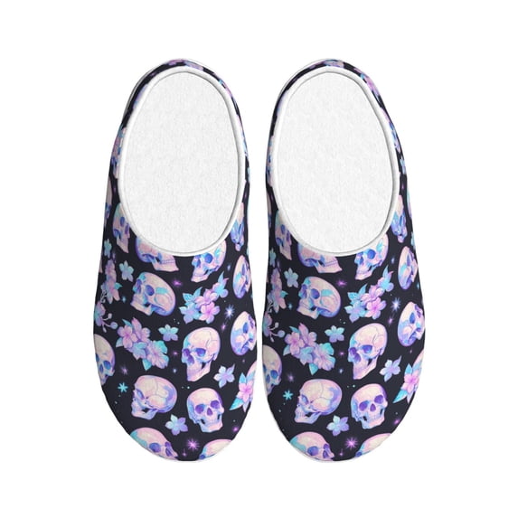 Daiia crystal flower Skull Print Women’s Fuzzy Slippers Memory Foam Lightweight House Shoes Cozy Loafer Flannel House Shoes-44/45