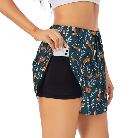 Daiia cute fall fox Pattern Women's 2 in 1 Running Shorts - Lightweight Athletic Workout Gym Yoga Shorts Liner with Phone Pockets-Large