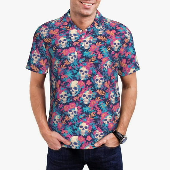 Daiia flower Skull leaf colorful Pattern Men’s Polo Shirts,Solid Deck Shirt,Classic Fit, Breathable Cotton Polo for Casual and Sport Wear-Large