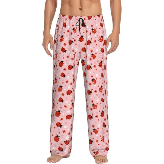 Daiia flowers and ladybugs Pattern Men's Sleep Pant with Pockets and Drawstring,Pajama Pants-Medium