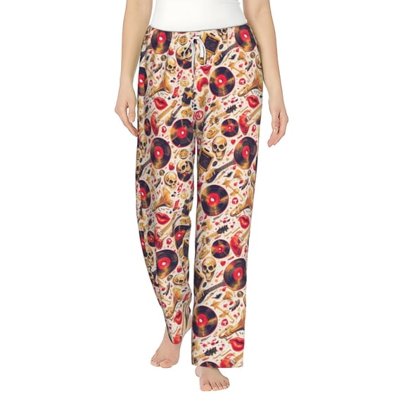 Daiia gold Skull Guitar record Women's Sleep Pant with Pockets and Drawstring,Pajama Pants-Small