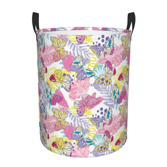 Daiia hand drawn butterflies Pattern Round Laundry Basket with Handles Thickened Waterproof Circular hamper,Dirty Clothes Storage Basket for Bedroom,Bathroom,College Dorm-Small