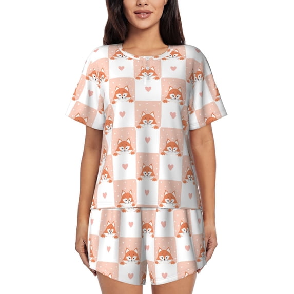 Daiia love plaid fox Pattern Womens Pajama Sets Short Sleeve Pajamas for Women Sets Soft Lounge Sets Casual Round Neck Sleepwear PJS-Small
