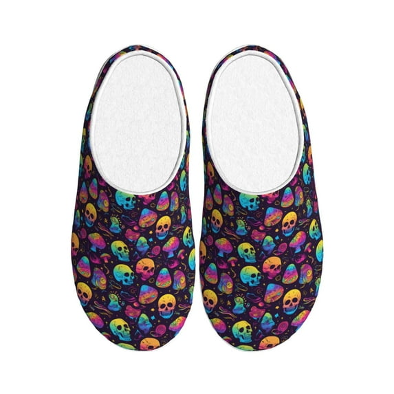 Daiia mushroom color Skull Print Women’s Fuzzy Slippers Memory Foam Lightweight House Shoes Cozy Loafer Flannel House Shoes-39/40
